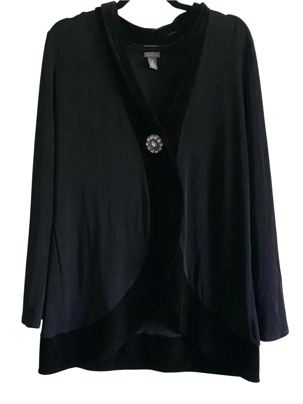 Travelers by Chico’s Size 2 Black Topper Jacket Velvet Trim Rhinestone Brooch
